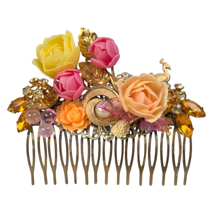 Peine de pelo floral nupcial vintage joyería de boda boho boda rosa accesorio Foto 2 de 4