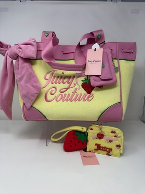 Juicy Couture Strawberry Daydreamer Bag & Wallet Set NWT Pink Yellow Bow Charm