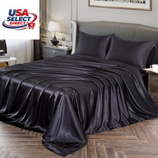 Satin Sheets Full Size Silky Soft Black Bed Sheet Set 1 Fitted 1 Flat 2 Pillowca