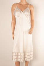    Vintage ADONNA Beige Full Slip Dress Sissy Silky Nylon Lace Trim Coquette 36