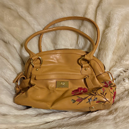 Sharif Beige Floral Embroidered Satchel Top Handle Bag Zip Closure Gold Hardware