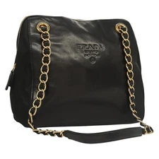 PRADA Chain Shoulder Bag Leather Black Gold Auth yk18939