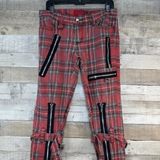 Tripp NYC Womens Red Plaid Punk Zippers Buckle Straps Skinny Pants Size 9