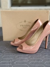 New Prada Pink Paten Leather Platform Peep Toe Sandal Heel Shoes sz 6.5 / 36.5