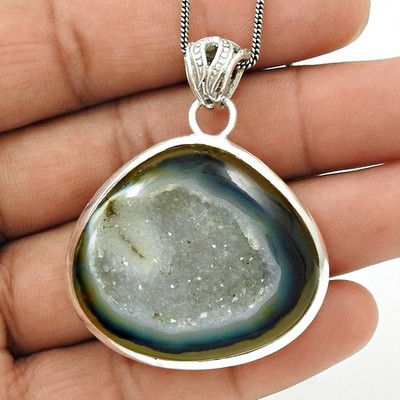 Daughters Day Sale Solid Sterling Silver Oval Druzy Stone Ethnic Pendant Jewelry