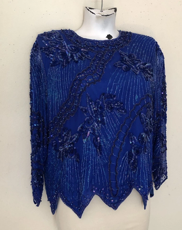 Top Scala 2X Lentejuelas Cuentas Seda Vintage Azul Mangas Transparentes XXL Noche Glamour Foto 2 de 4
