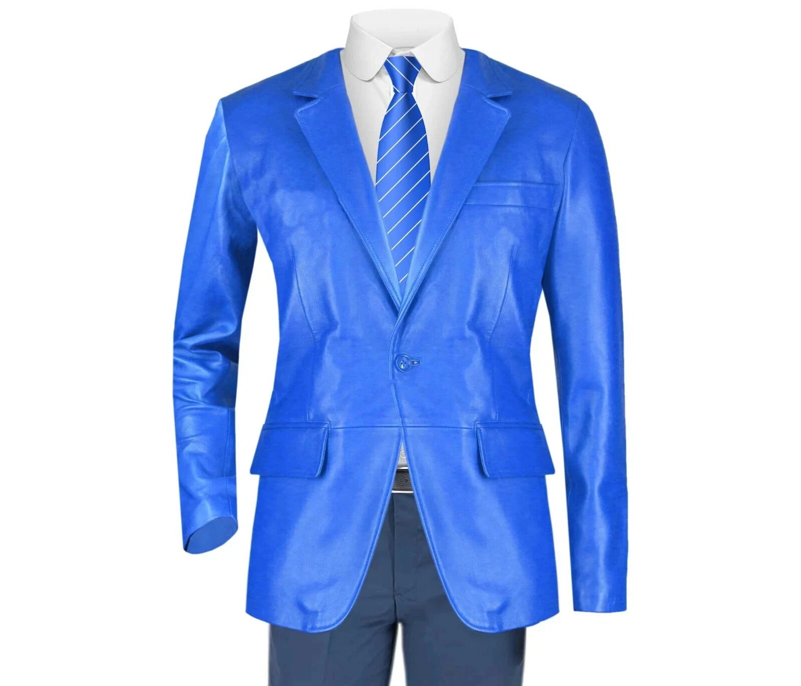 Classic Formal Men's Royal Blue Real Lambhide Leather Blazer Party Dinner Jacket