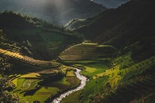 Landscape mountains nature terraced field river valley Custom Gaming Mat Desk