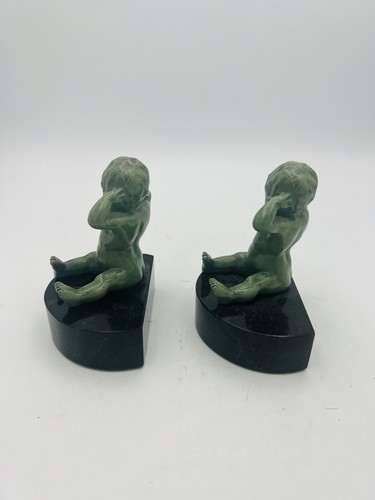 Vintage Art Deco Style Green Cast Baby Bookends On Marble Bases - 4.5 Lbs - Picture 4 of 11