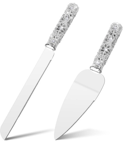 Set coltello e server per torta nuziale - 2 pezzi set da dessert manico in cristallo con m... - Foto 2 di 8
