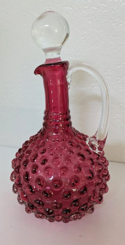 Vintage Fenton Cranberry Hobnail Glass Cruet with Hand-Blown Handle & Stopper