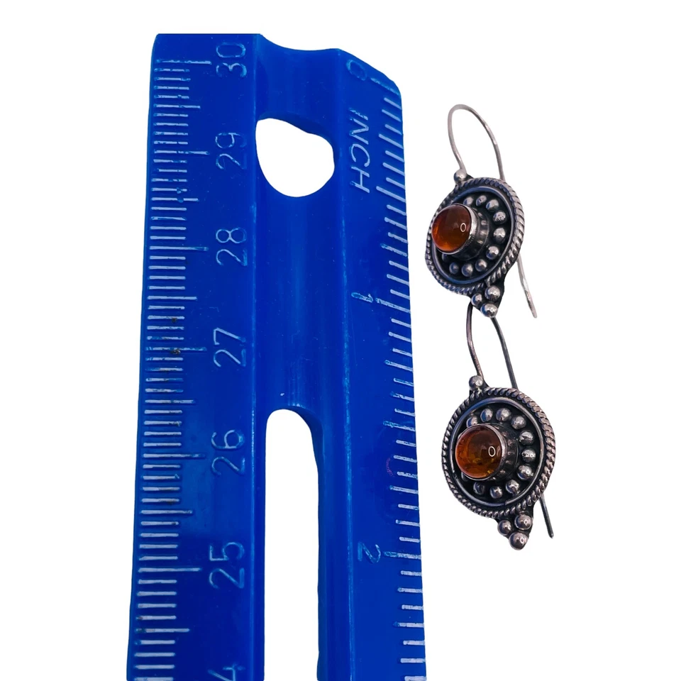 Natural Baltic Amber 925 Sterling Silver Hook Bali Drop Earrings Vintage - Image 2 of 4