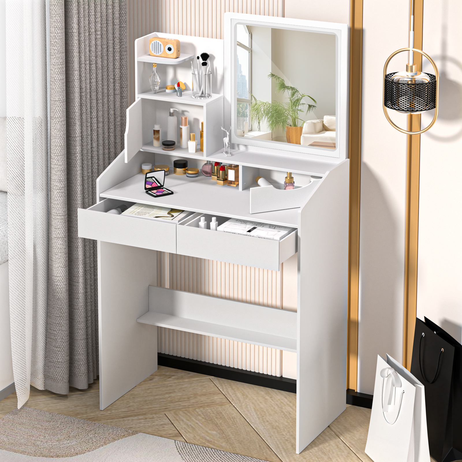 Makeup Desk Vanity Desk with LED Light and Mirror, Makeup Table with 2 Drawers