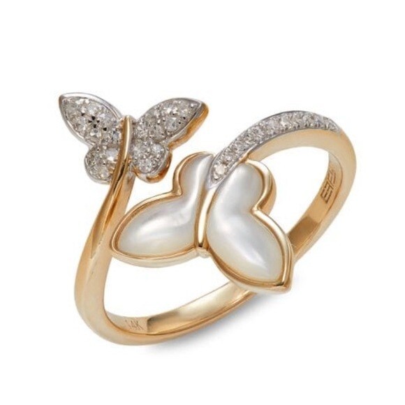 $2,650 EFFY 14K Yellow Gold Mother of Pearl & Diamond Butterfly Ring sz 8 - READ