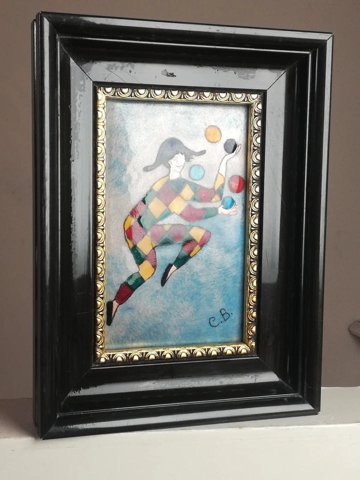 Tableau miniature Arlequin en émaux de Limoges Signé cadre en bois noirci  - Photo 3/4