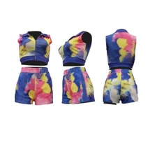 New Women Two Piece Sexy Tie-Dye Front Zipper Crop Top+Biker Short Tracksuit #H
