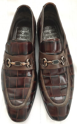 ROBERTO SERPENTINI Horsebit Alligator Black Brown Leather Gator Shoes 41 US 8