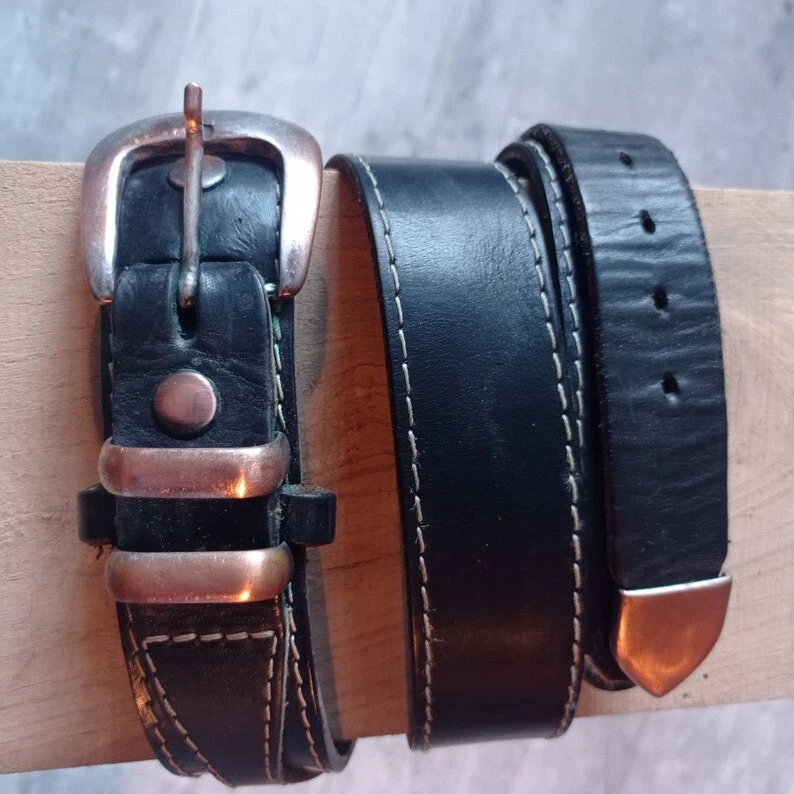 Ceinture En Cuir Vintage Noir - Boucle Métal Guns N' Roses - Longueur ~100 Cm