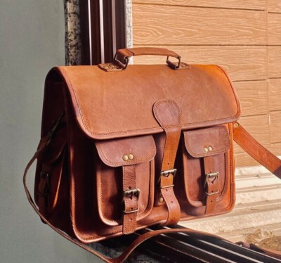 Vintage Leather Messenger Laptop Satchel Bag Briefcase Brown Genuine