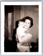 Vtg B&W Snapshot Smiling Mother Holding Baby Striped Top Apron Deckle Edge 1950s
