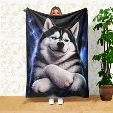 Black And White Dog Blue Eyes Coral Fleece Blanket Pet Decor
