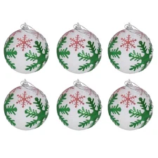 Christmas Tree Baubles 80mm White Glitter Decorations with Green and Red