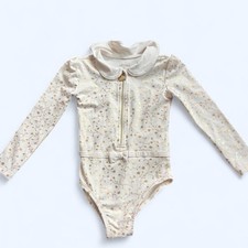 Le Chic Girls Ivory Gold Floral Long Sleeve One Piece Swimsuit Zipper Bow Size 3