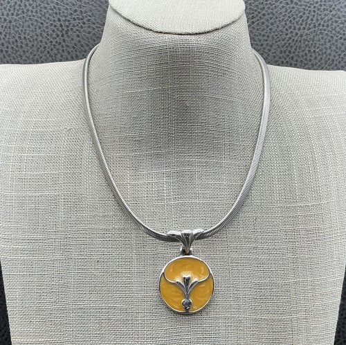 Monet Silver Tone Round Enamel Pendant Statement Collar Necklace Womens 16"