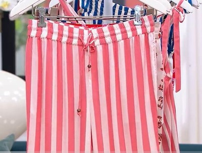 Candace Cameron Bure Wide Leg Pant with Side Slits Pink Blossom Stripe Sz S NEW