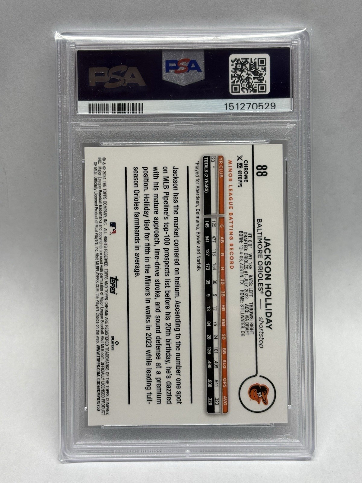 Topps 2024 Chrome Jackson Holliday Image Variation Green Speckle /99 PSA 10 #88 view 2
