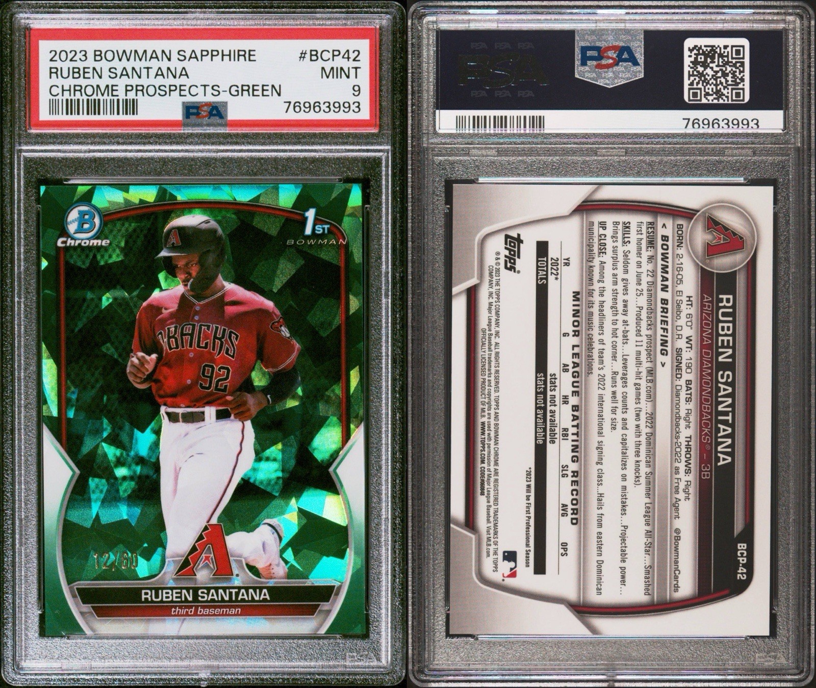 2023 Bowman Chrome Sapphire Green Ruben Santana BCP-42 PSA 9 /60