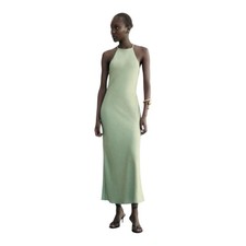Zara Light Green Wrinkle Effect Satin Halter Maxi Dress Women s Size M NWOT