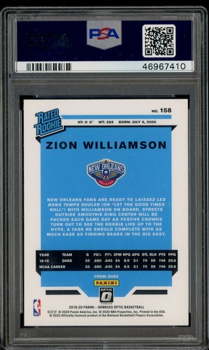 2019 Donruss Optic #158 Zion Williamson Pelicans RC Rookie PSA 10 GEM MINT - Picture 2 of 2