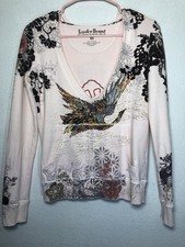Lucky Brand Y2K Asian Crane Embroidered Hoodie Sweatshirt Floral Size XS