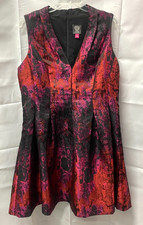 Metallic Black Pink Red VINCE CAMUTO Jacquard Dress Women's V-Neck Fit Flare 16