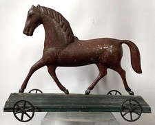 Antique PAINTED TIN HORSE PLATFORM PULL TOY on WHEELS, GEORGE BROWN, Late 1800s