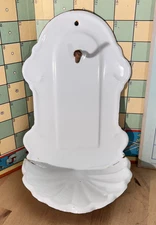 Vtg Porcelain Enamel Hanging Soap Dish w Cup Hook, Wall Mounted Shell Basin