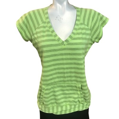 PBX Pro Green Striped V-Neck Short Sleeve Terry Cloth Top Large