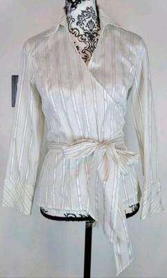 Ann Taylor LOFT Wrap Blouse Women Size 8 White Black Pinstripe Long Sleeve Belt
