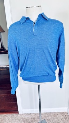 Peter Millar Dorset Men's L Blue Extrafine Italian Merino Wool Collared Sweater