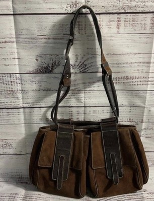 Hogan Women's Brown Suede Double Front Pocket Shoulder Bag Made in Italy