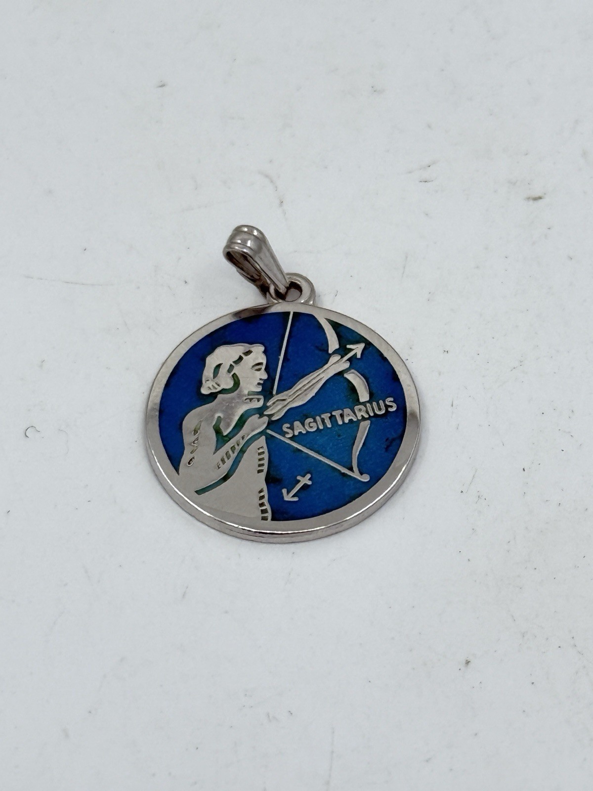 Vintage Blue Enamel Sterling Silver Sagittarius Archer Zodiac Charm Pendant 3/4”