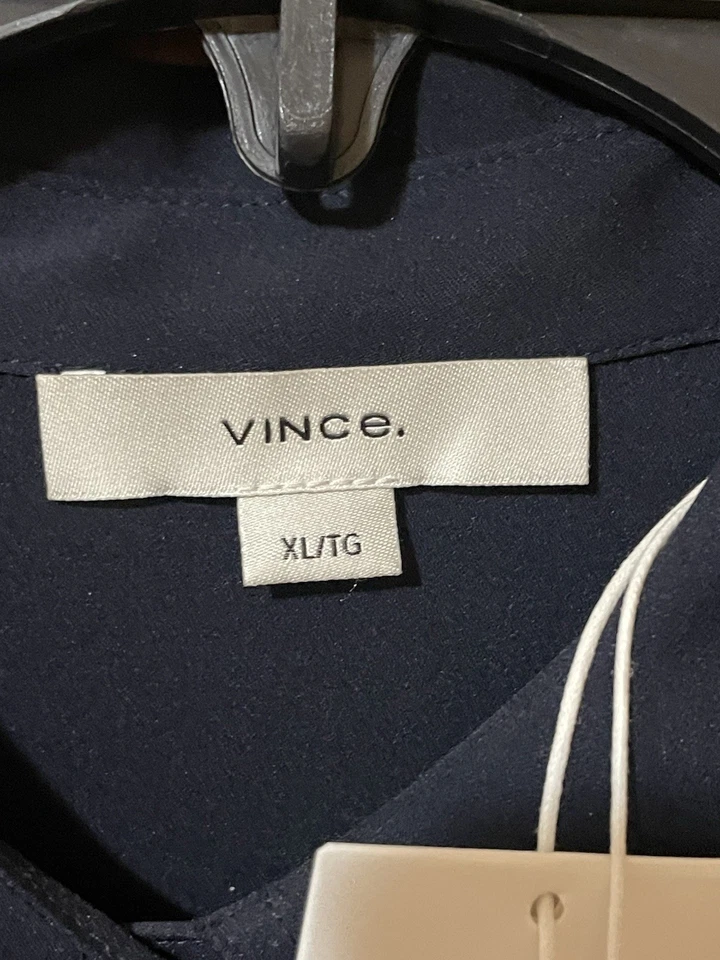 VINCE Azul Marino Color SEDA MANGA LARGA BOTONES BLUSA TALLA XL Nueva Foto 2 de 4