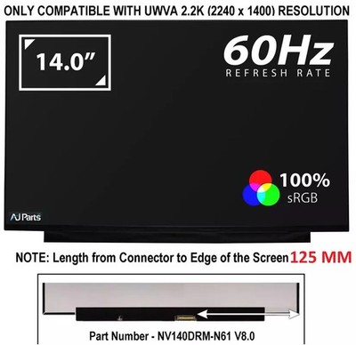 PASST ZU B140QAN05.H H/W:1A F/W:1 LAPTOP 2240×1400 IPS LED BILDSCHIRM LCD 14,0'' 40pin