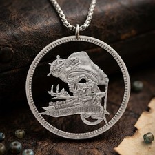 Hobo Cut Coin Necklace Skull Just a Pirate Chasing The Booty Skeleton Art Dollar