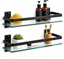Bathroom Glass Shelf 15.7" Black Wall-Mounted, Floating Metal Storage Rack  2 P