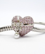 Pink Love Heart Charm Bead With Bow & Pearl Genuine 925 Sterling Silver 💖