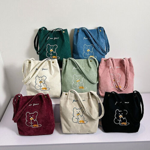 One Shoulder Bag Corduroy Large Capacity Tote Handbag Embroidered Bear INS Cute - Picture 1 of 29