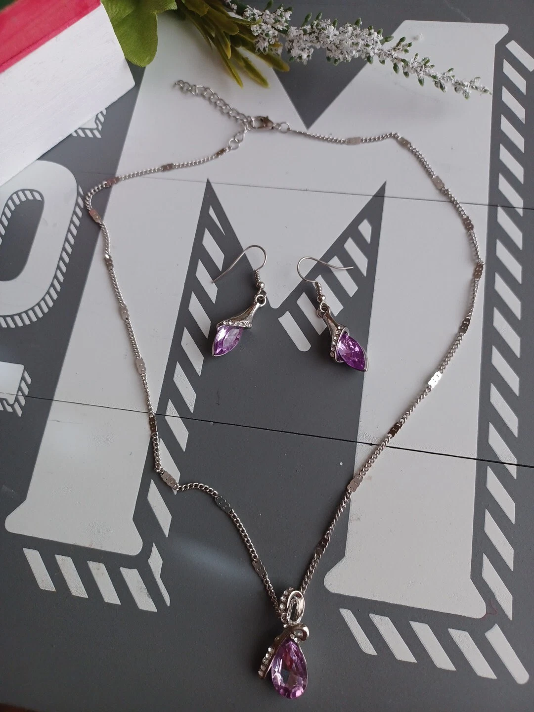 VETEMENTS "Set Collana Argento Strass Viola Moda con Ciondolo Viola Catena Nuova 12"