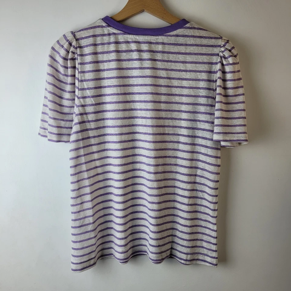 Oliver Bonas Women 8 White Purple Stripe Linen Blend T-shirt Top Casual Relaxed - Image 2 of 4